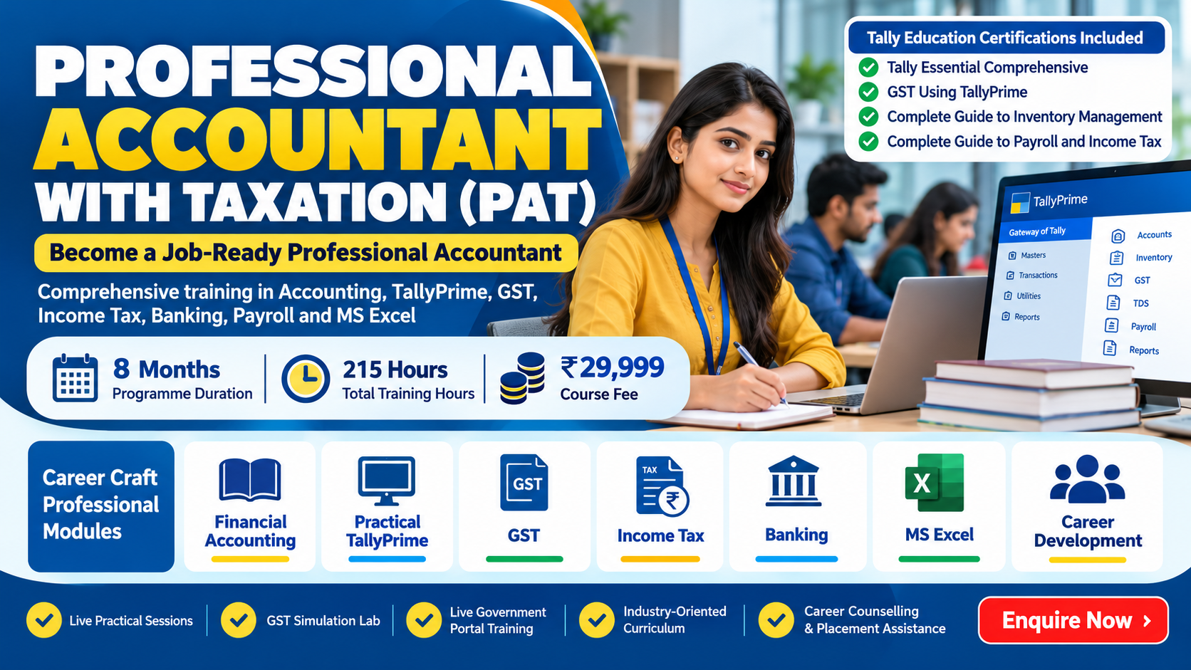 Professional Accountant with Taxation course at Career Craft Institute, Bilaspur, covering accounting, TallyPrime, GST, income tax and banking
